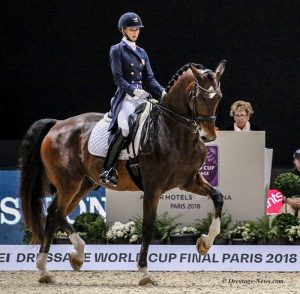 Janet Foy judging at the World Cup Paris. American Laura Graves on her horse Verdades. Photo: dressage-news.com